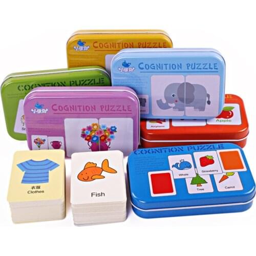 Baby Kids Cognition Puzzles Toys Toddler Iron Box Cards Matching Game Cognition Cards Vehicle Fruit Animal Life Sets Pair Puzzle