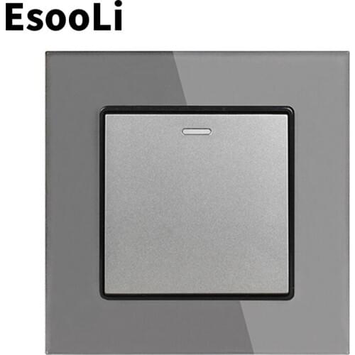 Esooli Grey Push button switch Luxury Crystal Glass Panel 1 Gang 1 Way Wall Light Button Switch On / Off Wall Switch 16A 250V