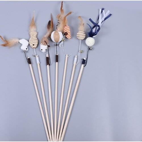 Pet Cat Teaser Toys Feather Linen Wand Cat Catcher Teaser Stick Cat Interactive Toys Wood Rod Mouse Toy With Mini Bell
