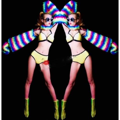 Nightclub DJ Costume Sexy Bikini Rainbow Suit Female Dance Team Gogo DS Singer Party Stage Costumes Women Pole Dance Wear DN7016