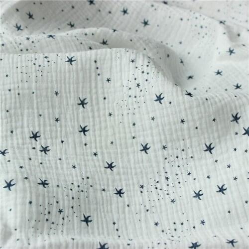 Crepe Double Layer Gauze Fabric Stars Printed Cotton Fabric for Dress,White,Blue,Pink,Yellow,by the meter