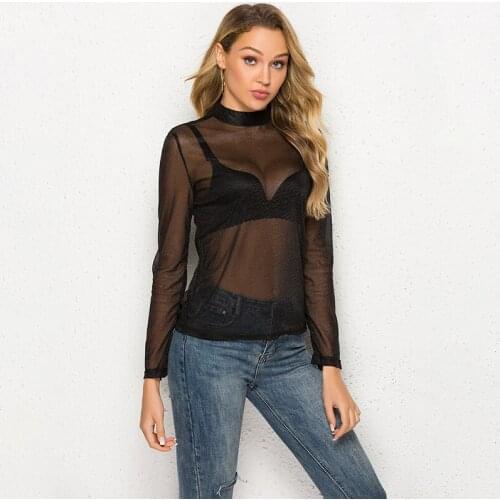 Summer Sexy Perspective Lace T Shirt Fashion Solid Color Hollow Out Stand Neck Long Sleeve Women Tee Top