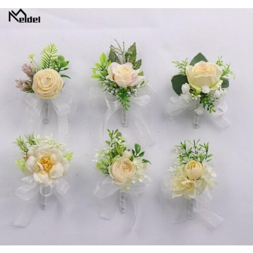 Meldel Wedding Corsages and Boutonnieres Groomsmen Boutonniere Artificial Silk Rose Wedding Wrist Corsage Bride Bracelet Flowers