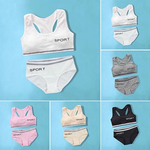 Panties Bra Set Girls Underwear Vest Suit Pure Cotton Double Layer Hipster Puberty 8-14Years