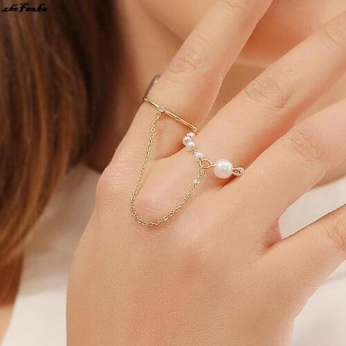 2021 New Simple Ring With Chain For Women Creative Retro Two-Rings Together Pearl Ring Fashion Western Style Women Jewelry