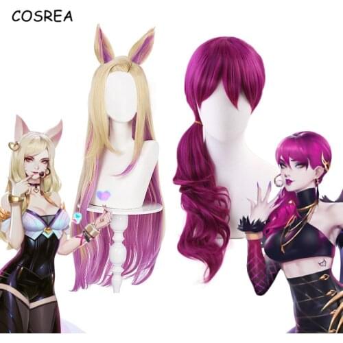 Game LOL KDA Cosplay Blonde Mixed Pink Wigs with Ears Girls KDA Baddest Ahri Evelynn Wig Heat Resistant Synthetic Hair for Women