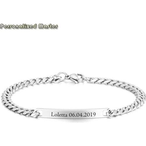 Personalized Master Customized Text Bracelets Engraved ID Name Bar Stainless Steel Curb Chain Engrave Word Bracelets DIY Jewelry