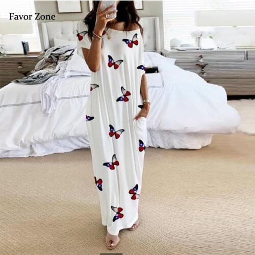 Summer Casual Boho Beach Long Maxi Dress Women Butterfly Print Elegant Loose Vintage Dress Off Shoulder Sexy Night Party Dresses