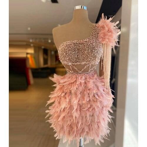 Luxury Feathers Pink Prom Gowns One Shoulder Tassels Crystals Beaded Mini Length Sexy Pageant Dresses For Party Plus Size