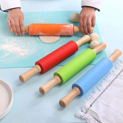 S M L Silicone Rolling Pin Pastry Dough Flour Roller Non-Stick Wooden Handle Kitchen Baking Cooking Tool Pizza Pasta Rolling Pin