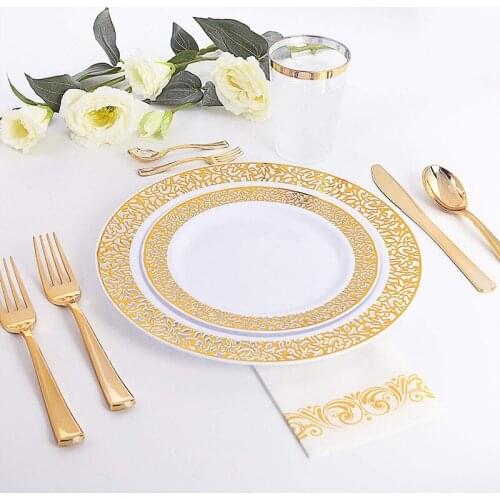 Golden Disposable Plate Wedding Party Household Plastic Party Plate 10 People Plastic Plate Salad Plate Fork Spoon