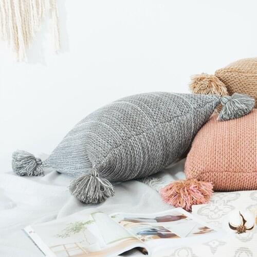 Fine Knit Sofa Pillowcase Brick Red Gray Khaki Tassel Ball Decoration Korean Style Travel and Leisure Home Accessories 45x45cm
