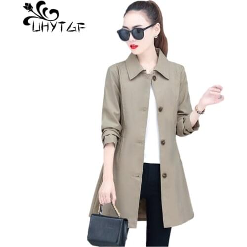 UHYTGF Mid-Length Spring Autumn Windbreaker Womens Single-Breasted Casual Female Thin Trench Coat Loose 4XL Plus Size Tops 1579