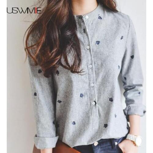 USWMIE 2020 Spring Fashion Striped Casual Simple Collar Show Thin Women Blouse Long Sleeve Button Personalized Joker Shirt