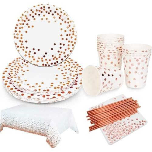 White Rose Gold Party Supplies Tableware Set Dinnerware Dessert Plates Disposable Cutlery for Wedding Engagement Birthday