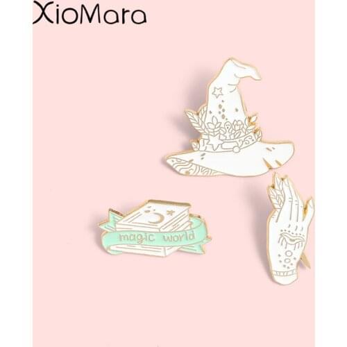 Magic World Book Enamel Pins Wizard Hat Hand Gothic Brooches Badges For Women Men Clothes Bag Pins Jewelry Gift for Friends