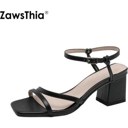 ZawsThia 2020 square toe block high heel pumps black white ankle cross strap sexy ladies shoes popuplar woman sandals size 33-43