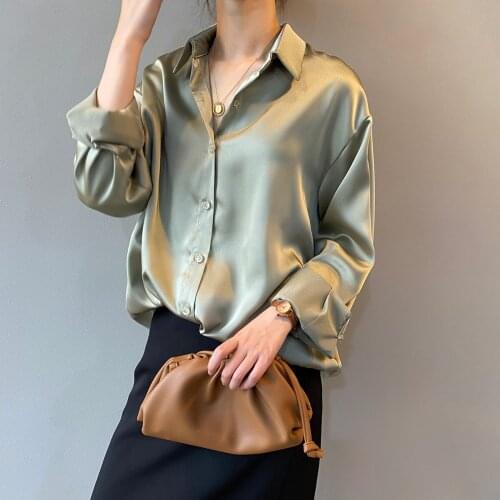 Top Women Clothing Shirt Vintage Blouse Korean Long Sleeve Satin Silk Loose Style Button Up White Shirt