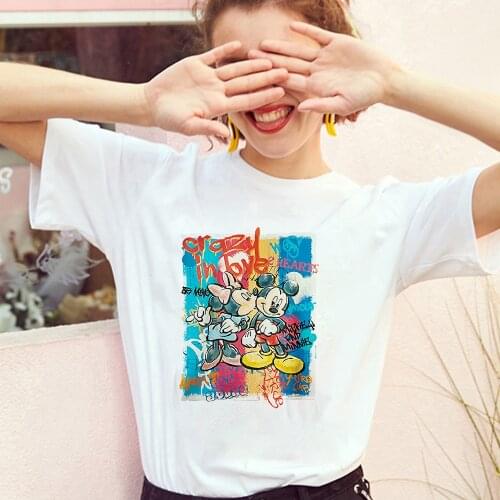Disney Women T Shirt Graphic Y2K Mickey And Minnie Print O-Neck Cartoon Short Sleeve Camisetas De Mujer Female Clothes Tee Shirt