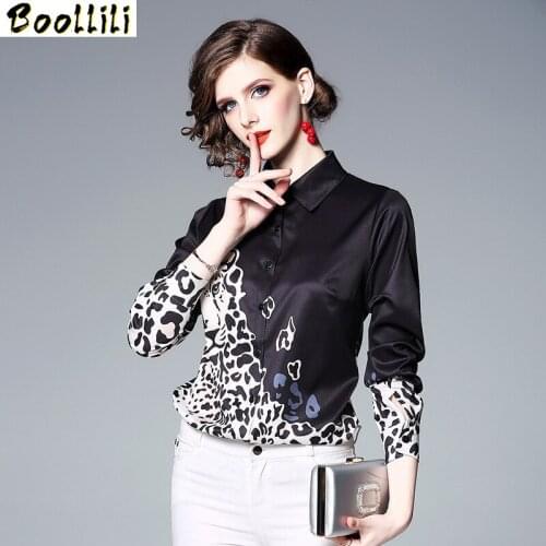 Womens Tops and Blouses Spring Animal Print Blusas Elegant Wild Lapel Long-sleeved Black Blouse Fashion Chiffon Ladies Top