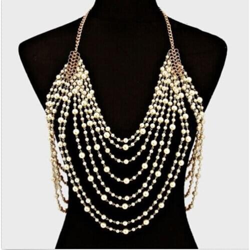 Luxury sexy chain pearl harness necklace women elegant shoulder chain tassel bohemian wedding bridal waist jewelry