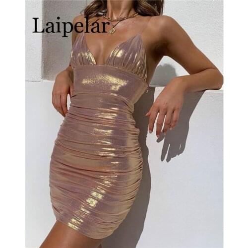 Women Sexy Metal Color Mini Party Dress Summer Glitter Bodycon Dress Shiny Slim Backless Nightclub Dresses Vestidos