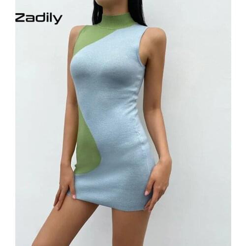 Zadily Y2K Patchwork Knit Turtleneck Bodycon Dress Women 2021 Summer Sexy Elasticity Sleeveless Mini Dresses Party Clothing