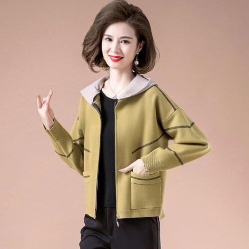 Women 2021 Spring Autumn New Solid Color Knitted Coats Female Middle-aged Sweater Overcoats Ladies Hooded Cardigan Jackets M367