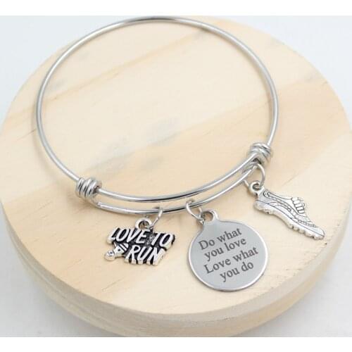 10PCS Stainless Steel Bangle Wire Adjustable Expandble Bangle Fitness I Love to Run Bracelet Running Jewelry Bangle Runners Gift