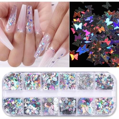 12 Grids Holographic Laser Nail Sequins Mixed Triangle Moon Star Heart Silver Glitter Flakes Paillette Tools Nail Art Decoration