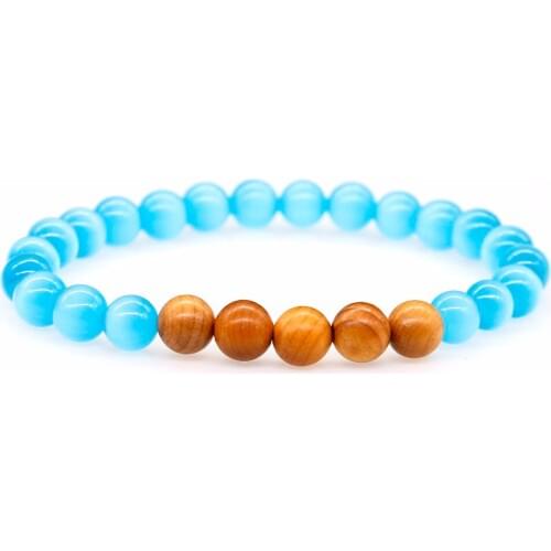 8MM Natural Wooden Beads with Blue Opal Stone Bracelet For Women,Yoga Balancing Chakra Reiki Spiritual Men Jewelry