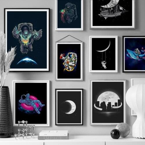 Abstract Astronaut Moon Ship Whale Nordic Canvas Painting Posters and Prints Wall Art Pictures for Bedroom Room Home Decoration