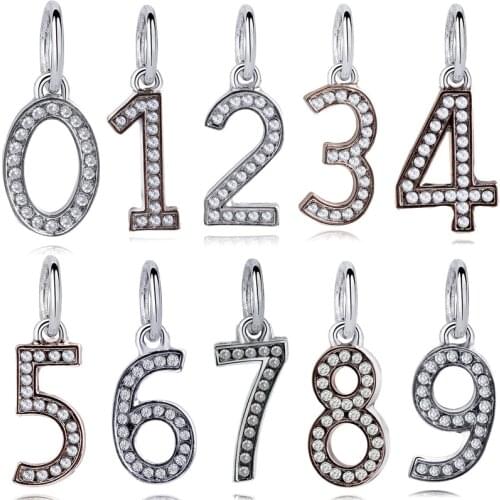Clear CZ 0-9 Number Pandant DIY Fit Original Pandora Charms Bracelet Women Kid Anniversary Day Numerals Beads for Jewelry Making