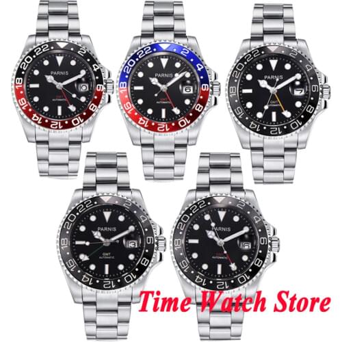 Parnis 40mm GMT wristwatch automatic mechanical mens watch Multi black dial waterproof luminous sapphire glass blue red date