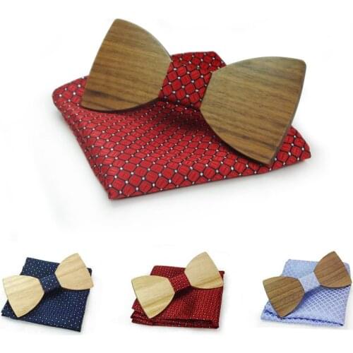 Linbaiway Wood Bowtie for Mens Suit Handkerchief Sets for Mens Suit Shirt Wooden Bow Tie Bowknots Wedding Neck Ties Pocket Towel
