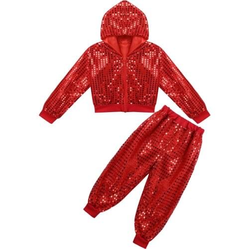 Kids Teens Hip Hop Jazz Dance Costumes Shiny Sequins Hooded Jacket Tops With Pants Boys Girls Street Dancing Clothes Set 3-14Y