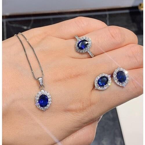 Funmode 3PCS Luxury Blue Oval CZ Pendant Necklace Ring Earring Jewelry Sets For Women Party Gifts Pulseras Mujer Wholesale FS40