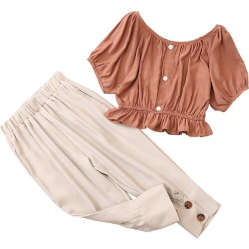 Girls Outfit Suit Summer Children Clothes Set Toddler Solid Casual Tshirt Kids Tops Pants 2Pcs Set 100 110 120 130 140 150