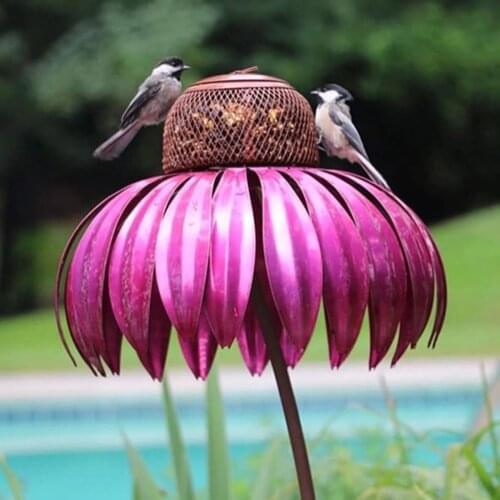 Bird Feeders Sensation Pink Coneflower Outside Rust Resistant Garden Decration Art Metal Pet With Stand Decoration
