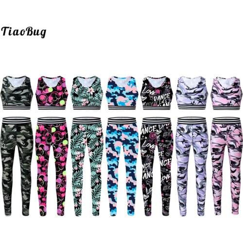TiaoBug Summer Kids Girls Tracksuit Yoga Gym Outfit Sleeveless Camouflage Printed Tanks Bra Tops Crop Top With Leggings Pants