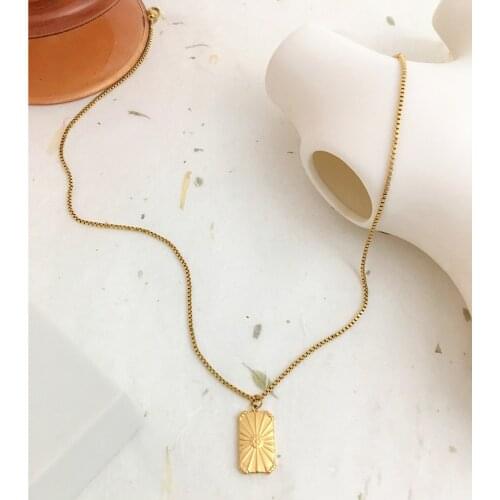 Monlansher Square Card Flower Pattern Metal Pendant Necklace Gold Color Titanium Steel Chain Choker Minimalist Necklace Jewelry