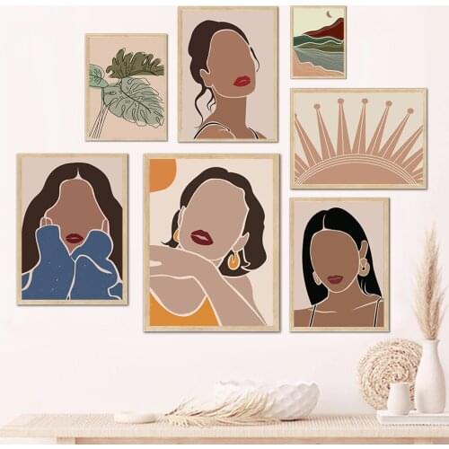 Wall Art Canvas Painting Mountain River Girl Monstera Leaf Abstract Boho Nordic Poster And Prints Decor Pictures For Living Room