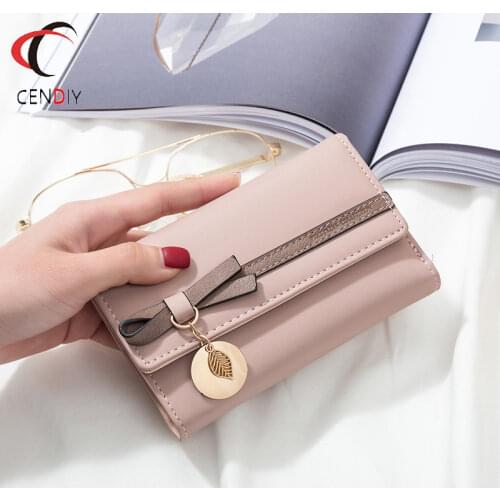 2021 New Small Money Wallet Women Bow PU Leather Fashion Purse Female Short Wallets Korean Purse Female Small Wallet