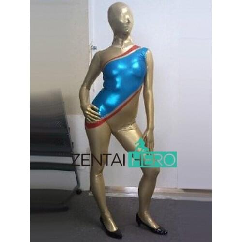 New Arrival Sexy Lady Gold/Blue Shiny Metallic Movie Costume Fullbody Zentai Leotard Gigalady Catsuits