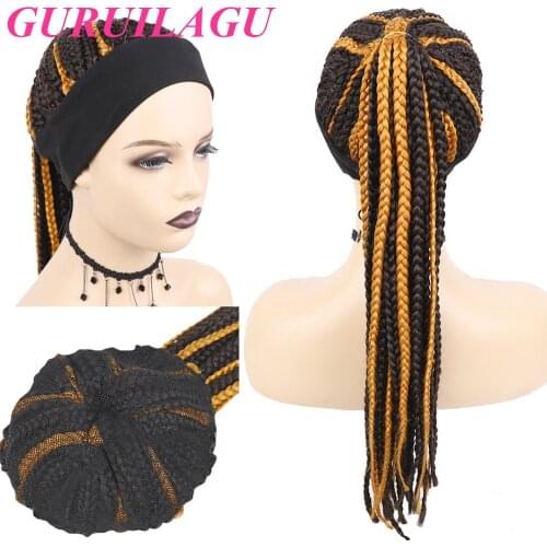 GURUILAGU Long Braided Box Braids Wigs For Black Women Synthetic Hair Headband Wig Braid African Natural Black Brown Wig Women