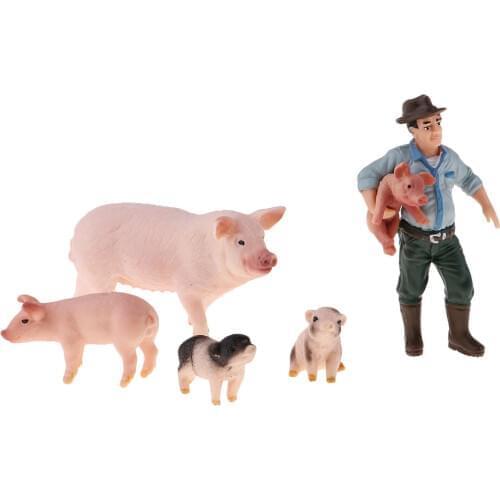 Lifelike Farm Animal Figure Plastic Farm Animals Toy Set - Farmer & 4 Pig