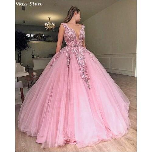 Rose Pink Evening Dress Ball Gown For Princess Party Applique Beading Floor Length V-neck Sexy Prom Dress платья знаменитостей