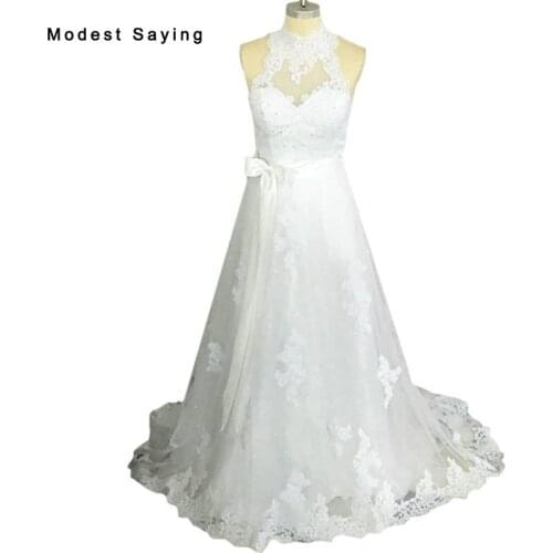 Sexy White A-Line High Neck Applique Beads Lace Wedding Dresses 2017 with Detachable Skirt Long Brazil Bridal Gowns 2 in 1 BW96