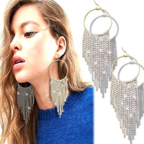 Sparkly Crystal Cascade Waterfall Long Tassel Gold Hoop Runway Baroque Drop Dangle Earrings Women Oorbellen Jewelry Orecchini