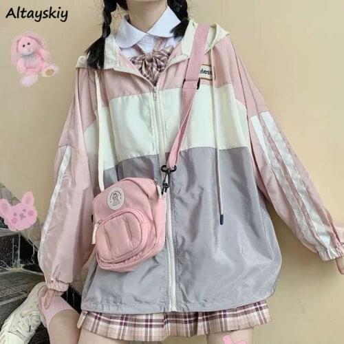 Loose Hoodies Women Patchwork Student Zipper All-match Ulzzang Fashion Leisure Simple Comfortable Cute Ladies Colorful Clothing